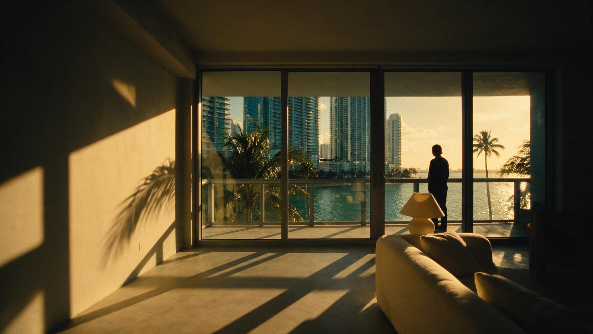Apartamento de Miami con ventanales de piso a techo frente al skyline de Brickell y la bahía de Biscayne al atardecer